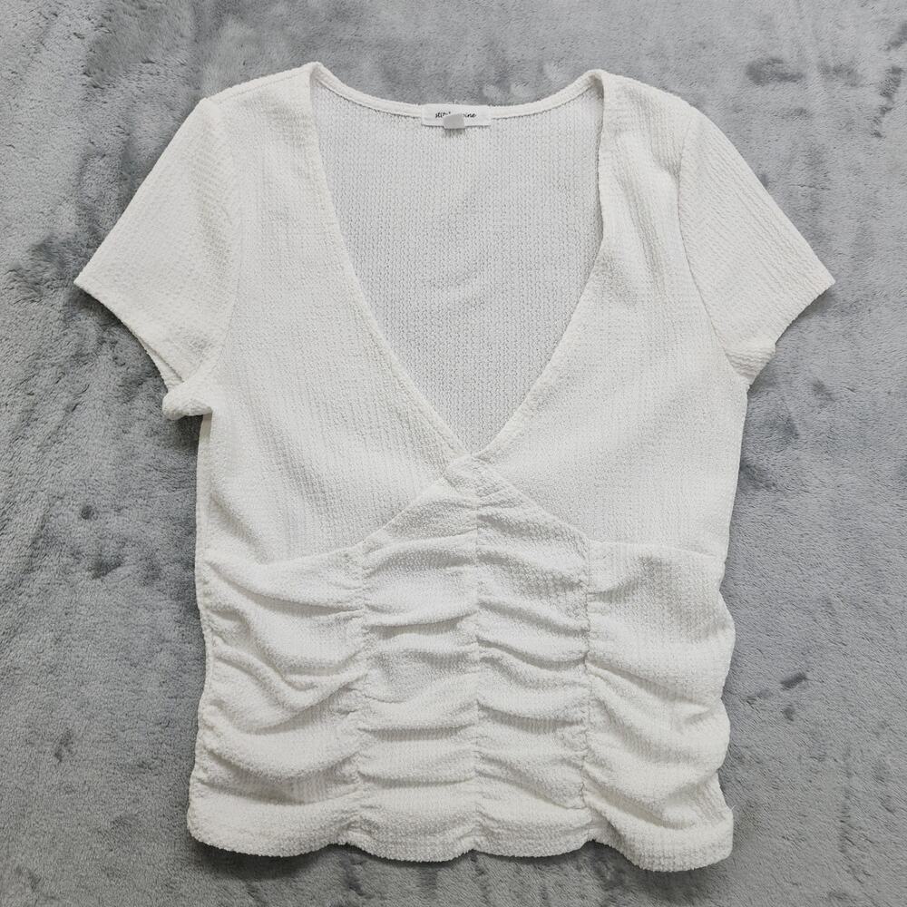 Stitch & Pine Top Womens S White V-Neck Short Sleeve‎ Ruched Blouse Stretch